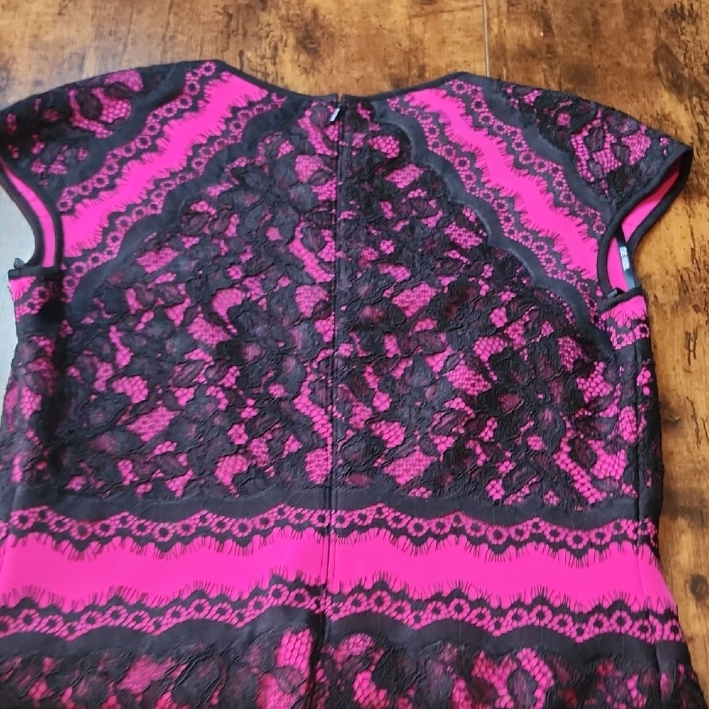 TADASHI SHOJI | Pink Black Lace Scuba Bodycon Whimsigoth Party Midi Dress | 6 - Picture 9 of 11